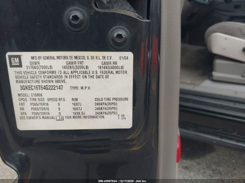 2004 GMC Yukon Xl 1500 Sle VIN: 3GKEC16T64G222147 Lot: 43957834