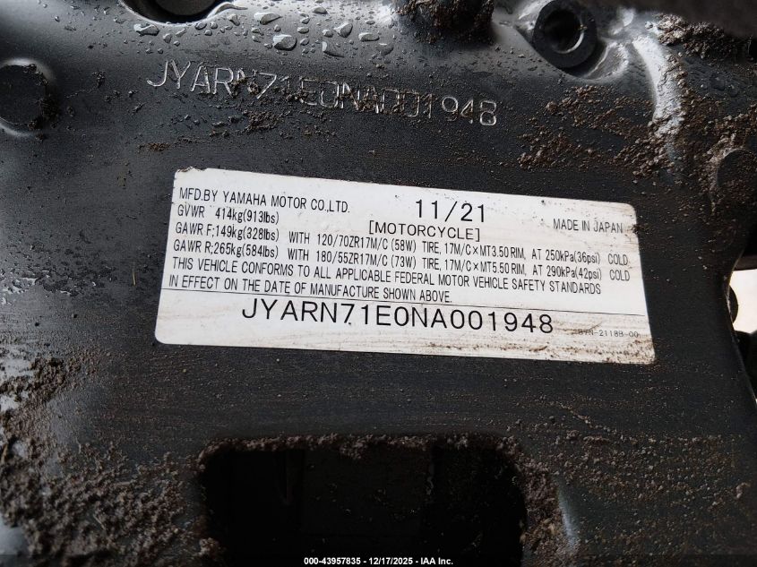 2022 Yamaha Mt09 VIN: JYARN71E0NA001948 Lot: 43957835