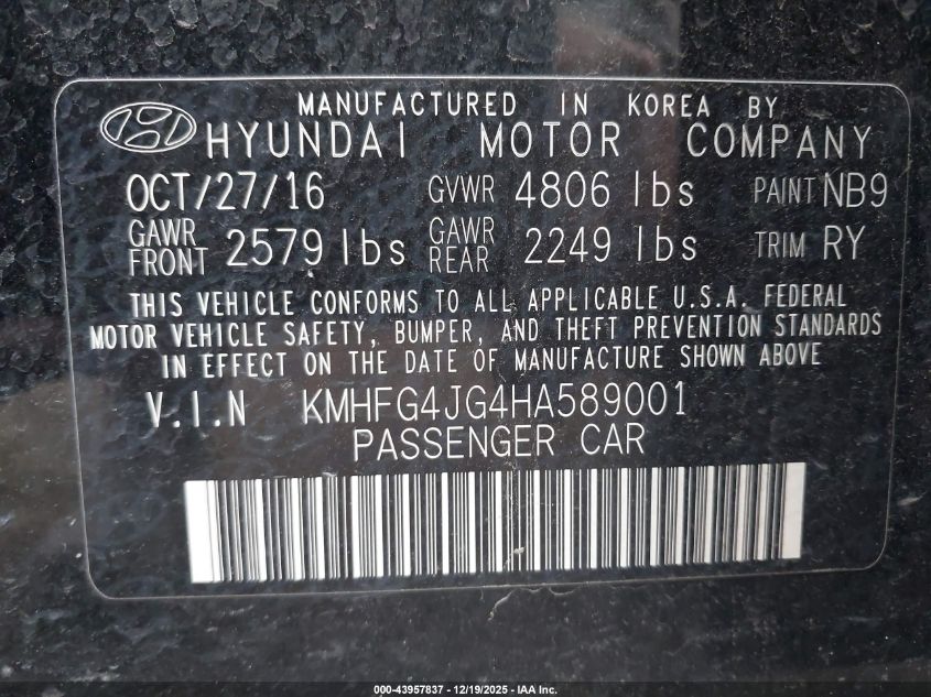 2017 Hyundai Azera VIN: KMHFG4JG4HA589001 Lot: 43957837
