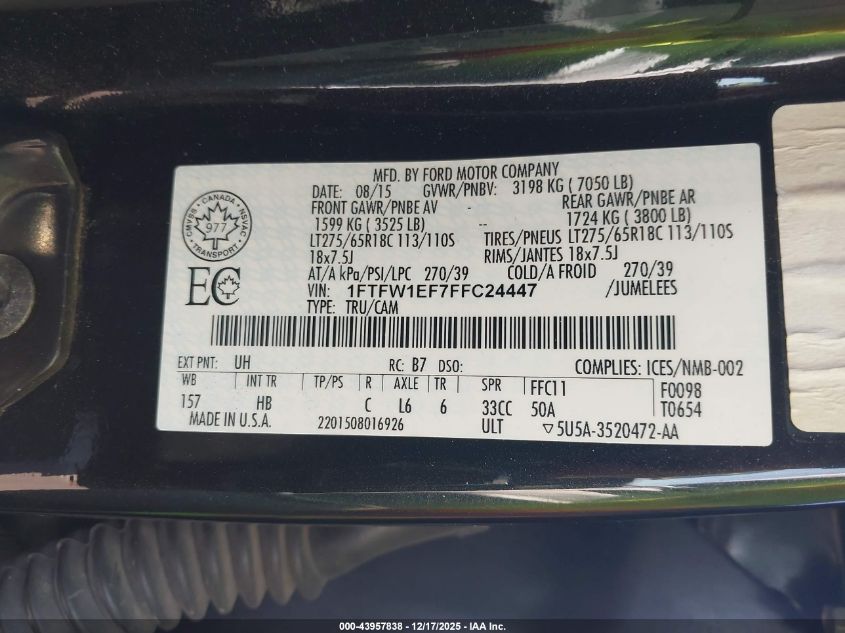 2015 Ford F-150 Lariat VIN: 1FTFW1EF7FFC24447 Lot: 43957838
