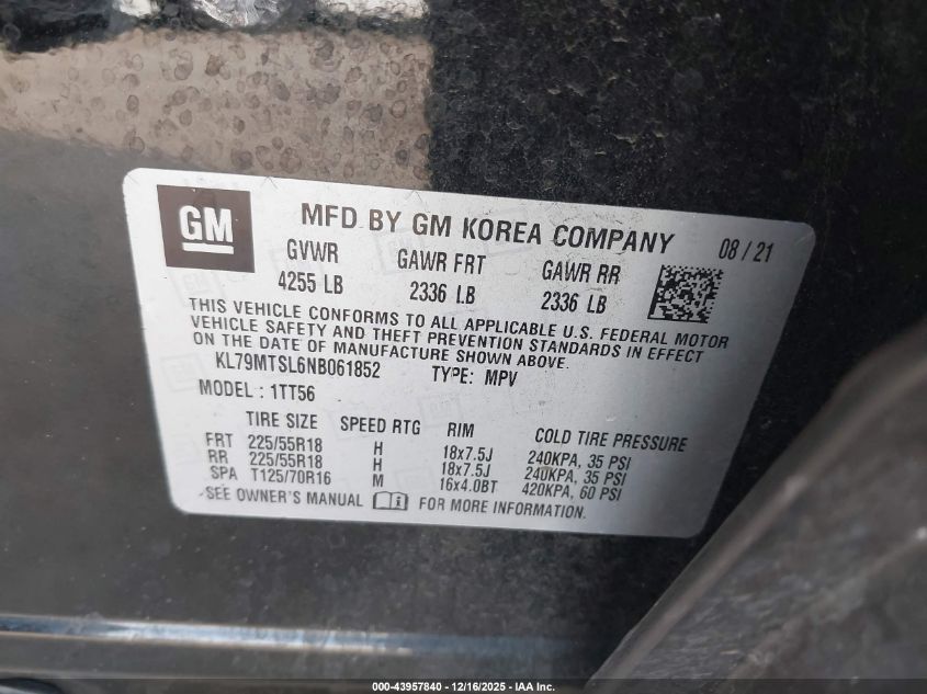 2022 Chevrolet Trailblazer Fwd Rs VIN: KL79MTSL6NB061852 Lot: 43957840