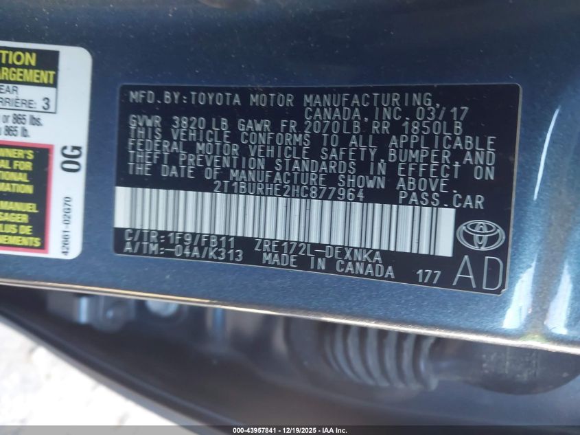 2017 Toyota Corolla Le VIN: 2T1BURHE2HC877964 Lot: 43957841