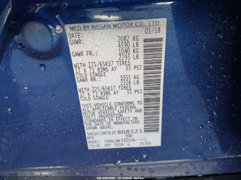 2018 Nissan Rogue Sv VIN: 5N1AT2MTXJC808525 Lot: 43957845