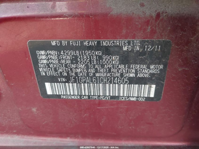 2012 Subaru Impreza 2.0I Sport Premium VIN: JF1GPAL61CH214605 Lot: 43957846