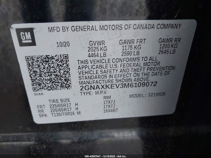 2021 Chevrolet Equinox Fwd Lt VIN: 2GNAXKEV3M6109072 Lot: 43957847