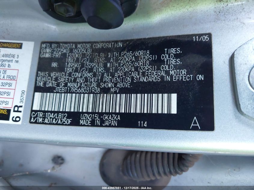 2006 Toyota 4Runner Limited V8 VIN: JTEBT17R568031938 Lot: 43957851