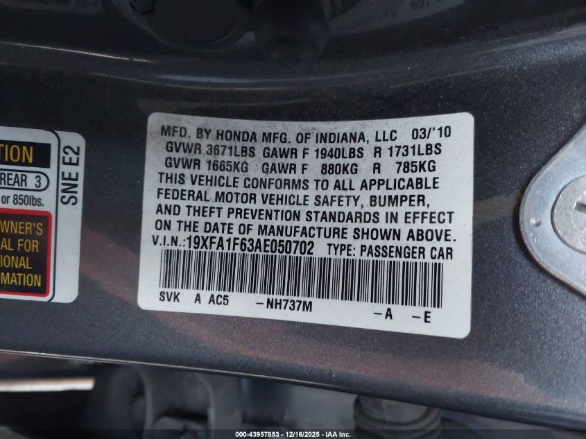 2010 Honda Civic Lx-S VIN: 19XFA1F63AE050702 Lot: 43957853