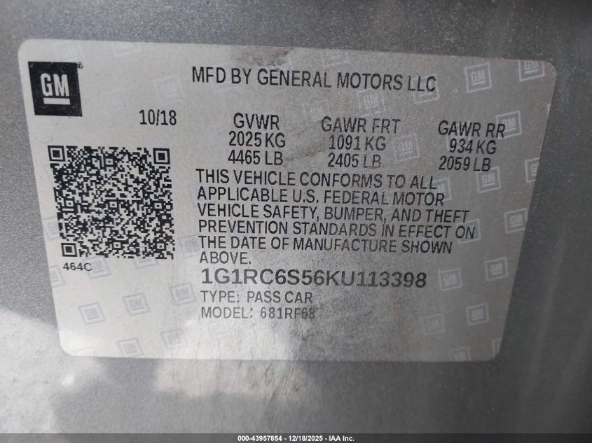 2019 Chevrolet Volt Lt VIN: 1G1RC6S56KU113398 Lot: 43957854