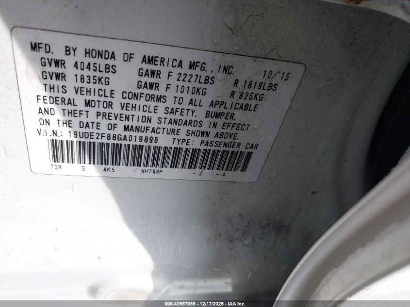 2016 Acura Ilx Premium A-Spec Packages/Technology Plus A-Spec Packages VIN: 19UDE2F88GA019896 Lot: 43957855