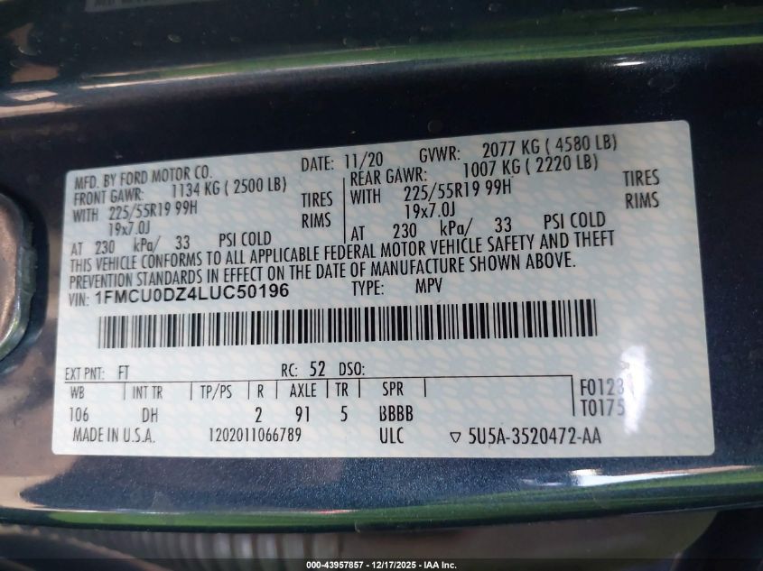 2020 Ford Escape Titanium Hybrid VIN: 1FMCU0DZ4LUC50196 Lot: 43957857