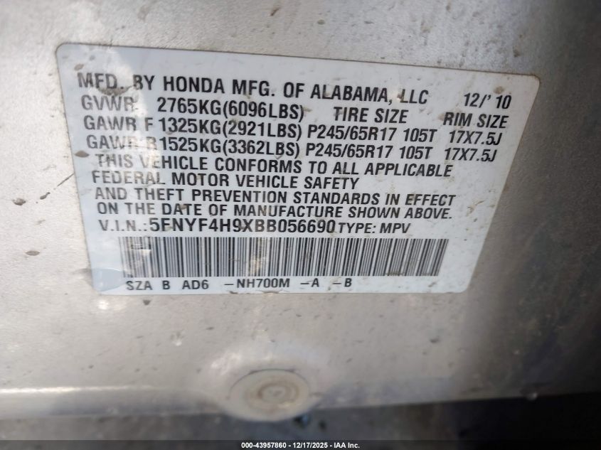 2011 Honda Pilot Touring VIN: 5FNYF4H9XBB056690 Lot: 43957860