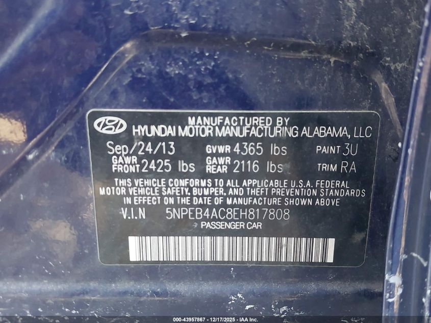 2014 Hyundai Sonata Gls VIN: 5NPEB4AC8EH817808 Lot: 43957867