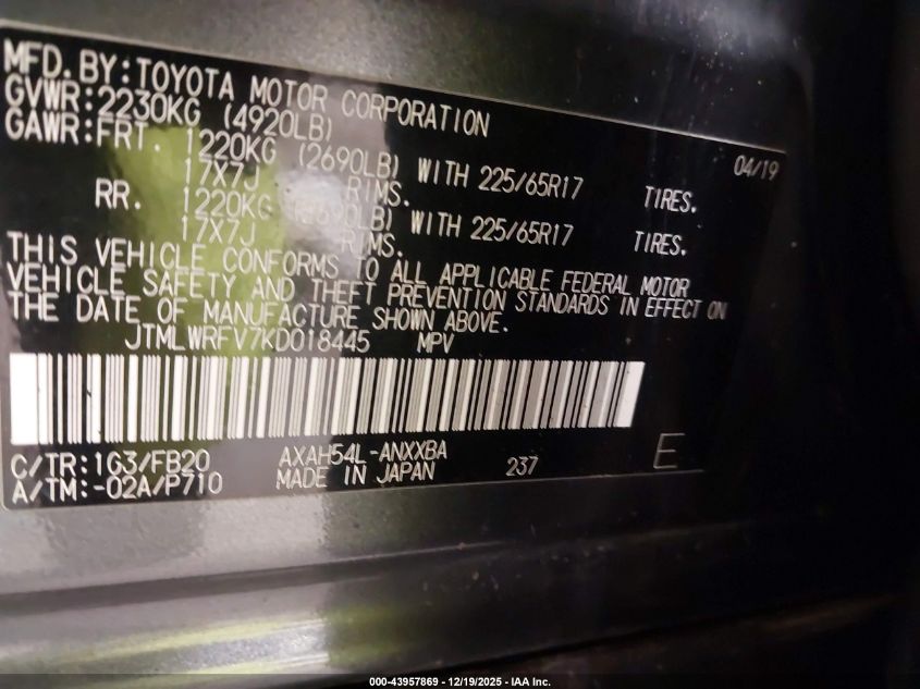 2019 Toyota Rav4 Hybrid Le VIN: JTMLWRFV7KD018445 Lot: 43957869