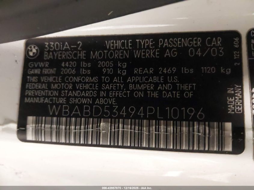 2004 BMW 330Ci VIN: WBABD53494PL10196 Lot: 43957870