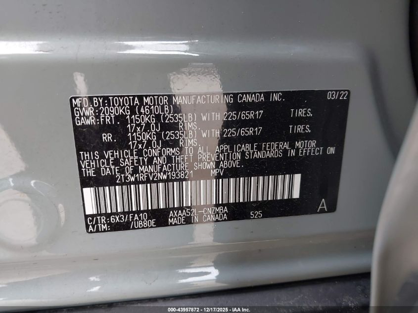 2022 Toyota Rav4 Xle VIN: 2T3W1RFV2NW193821 Lot: 43957872