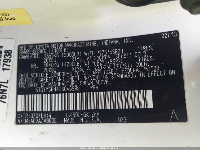 2013 Toyota Sequoia Platinum 5.7L V8 VIN: 5TDYY5G14DS046988 Lot: 43957877