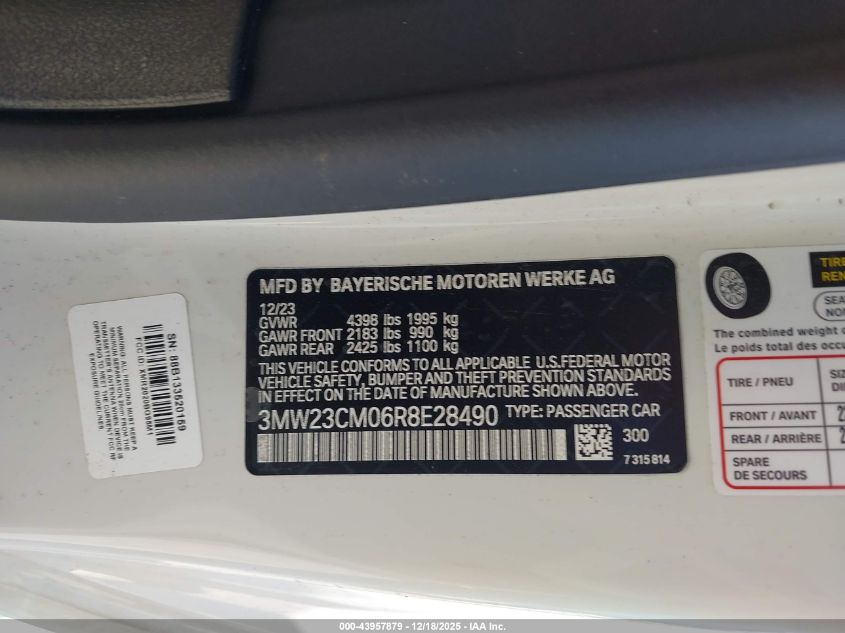 2024 BMW 230I VIN: 3MW23CM06R8E28490 Lot: 43957879
