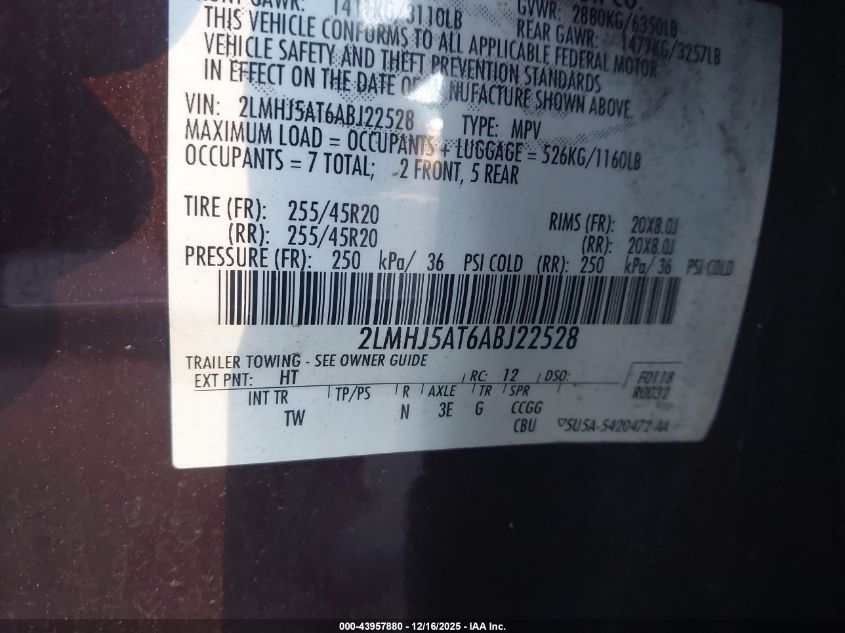 2010 Lincoln Mkt Ecoboost VIN: 2LMHJ5AT6ABJ22528 Lot: 43957880