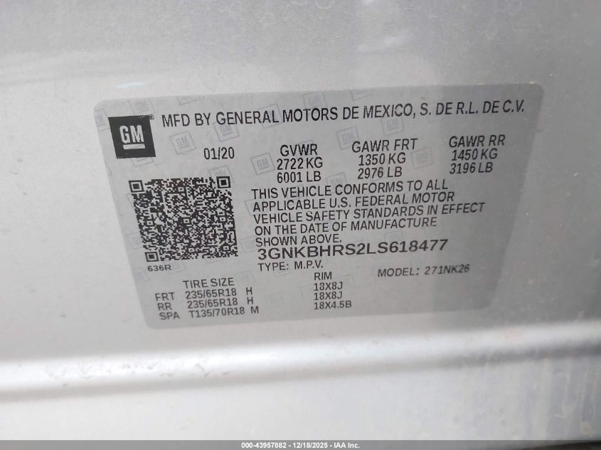 2020 Chevrolet Blazer Awd 2Lt VIN: 3GNKBHRS2LS618477 Lot: 43957882