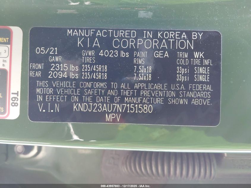 2022 Kia Soul X-Line VIN: KNDJ23AU7N7151580 Lot: 43957883