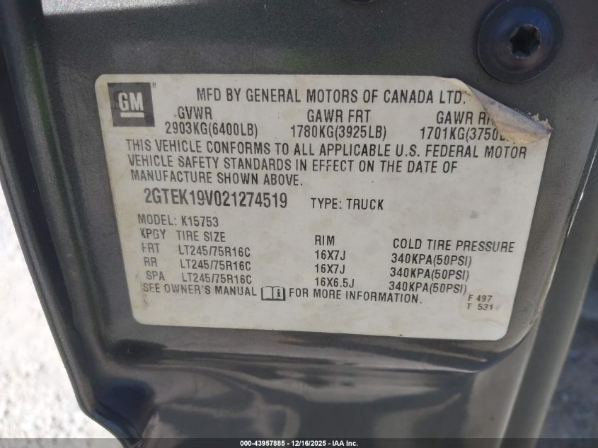 2002 GMC Sierra 1500 Sle VIN: 2GTEK19V021274519 Lot: 43957885