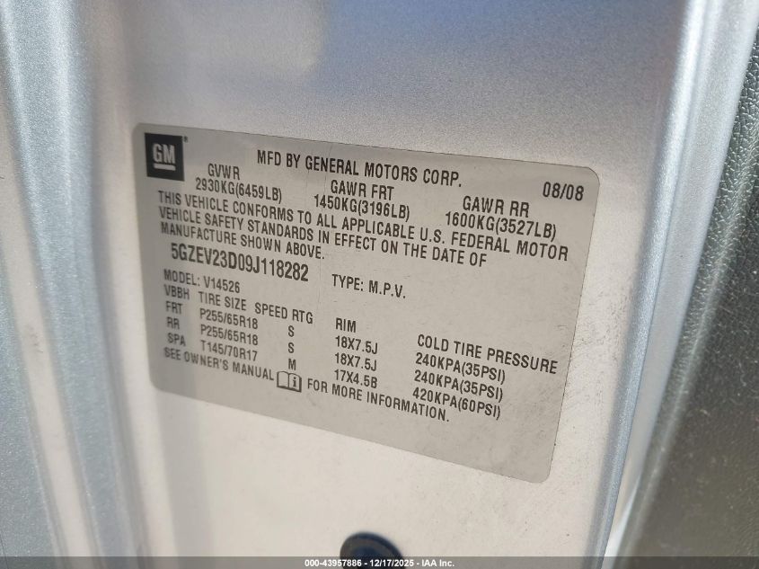 2009 Saturn Outlook Xr VIN: 5GZEV23D09J118282 Lot: 43957886