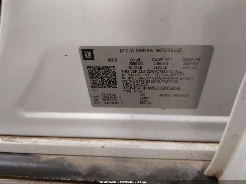 2018 Chevrolet Traverse Premier VIN: 1GNEVJKW6JJ205856 Lot: 43957888