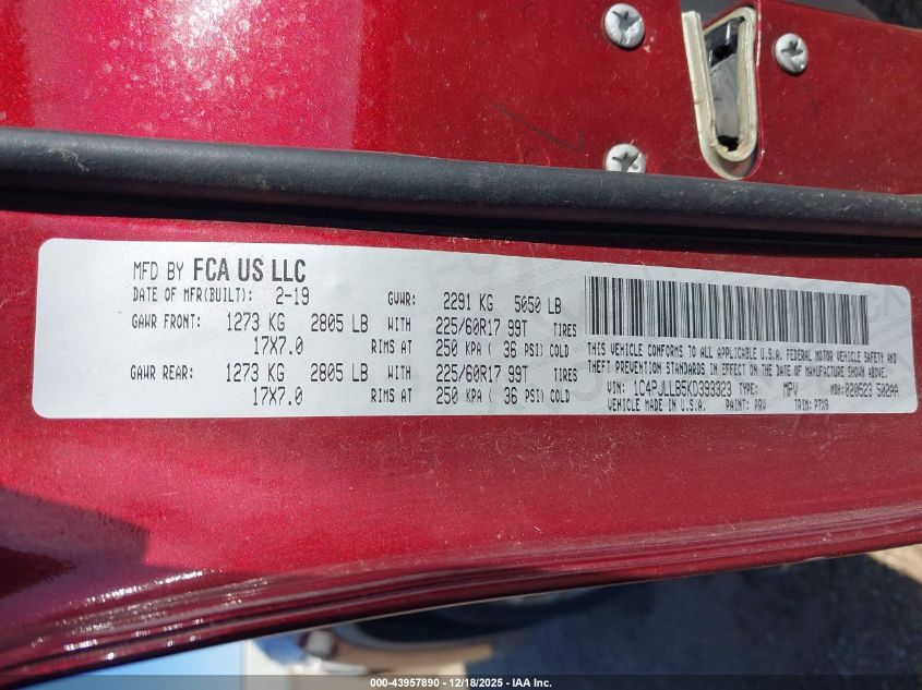 2019 Jeep Cherokee Latitude Plus Fwd VIN: 1C4PJLLB5KD393323 Lot: 43957890