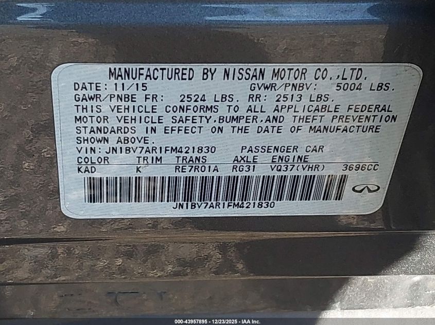 2015 Infiniti Q50 Premium VIN: JN1BV7AR1FM421830 Lot: 43957895