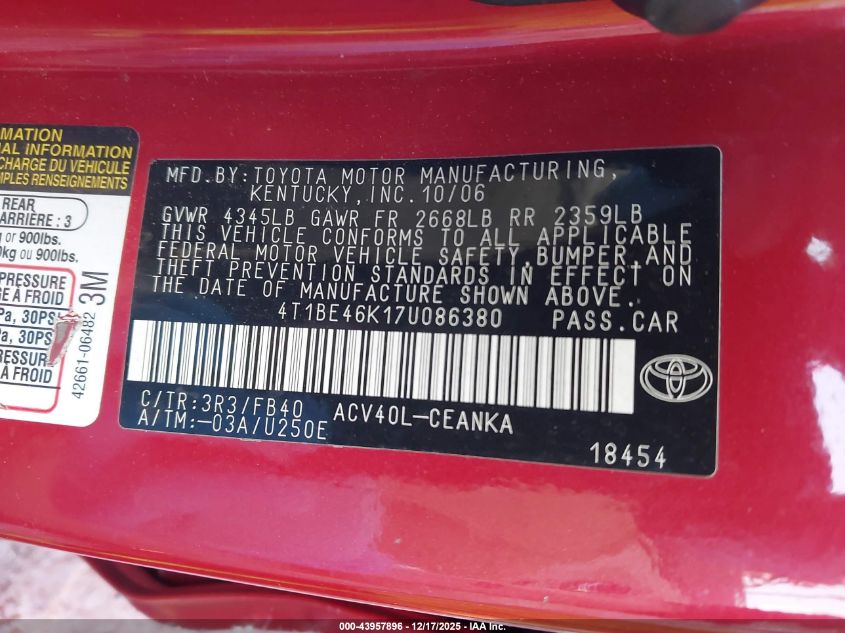 2007 Toyota Camry Le VIN: 4T1BE46K17U086380 Lot: 43957896