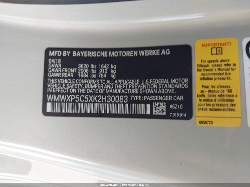 2019 Mini Hardtop Cooper VIN: WMWXP5C5XK2H30083 Lot: 43957898