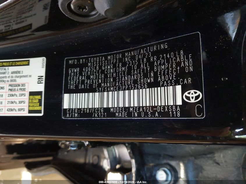 2023 Toyota Corolla Se VIN: 5YFS4MCE3PP152656 Lot: 43957899