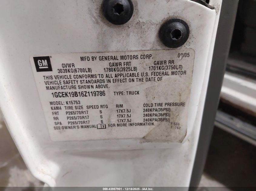 2006 Chevrolet Silverado 1500 Lt1 VIN: 1GCEK19B16Z119786 Lot: 43957901