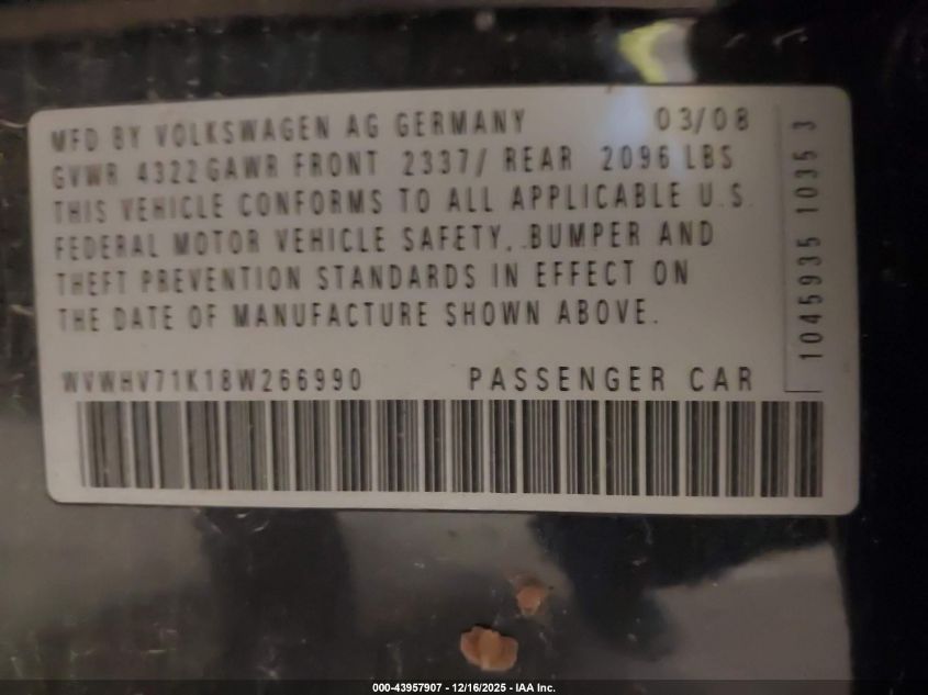 2008 Volkswagen Gti 4-Door VIN: WVWHV71K18W266990 Lot: 43957907