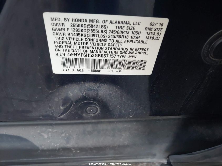 2016 Honda Pilot Ex-L VIN: 5FNYF6H53GB067157 Lot: 43957908