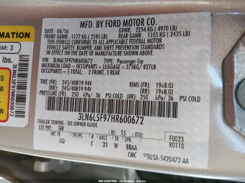 2017 Lincoln Mkz Reserve VIN: 3LN6L5F97HR600672 Lot: 43957909