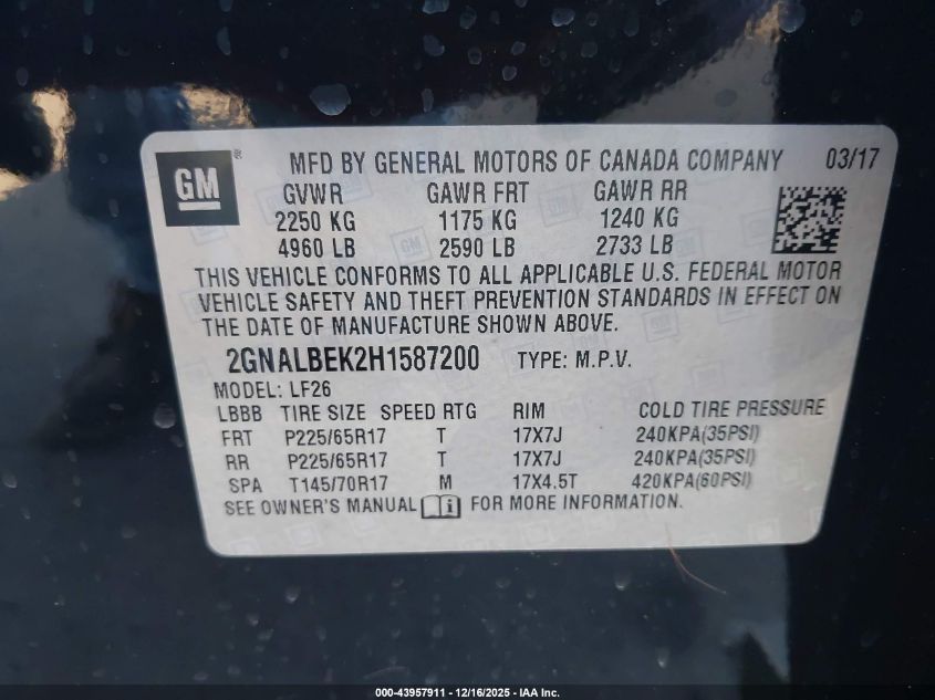 2017 Chevrolet Equinox Ls VIN: 2GNALBEK2H1587200 Lot: 43957911