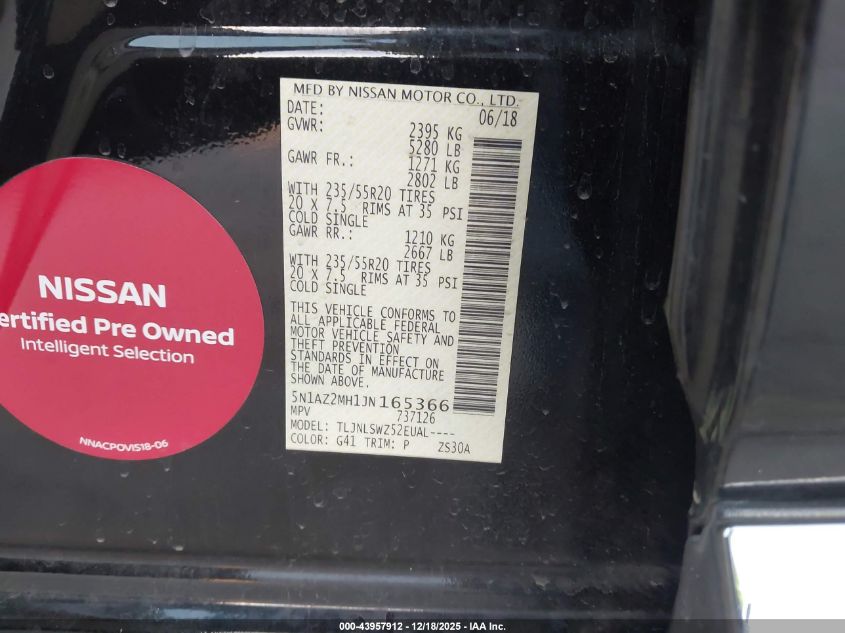 2018 Nissan Murano Platinum VIN: 5N1AZ2MH1JN165366 Lot: 43957912