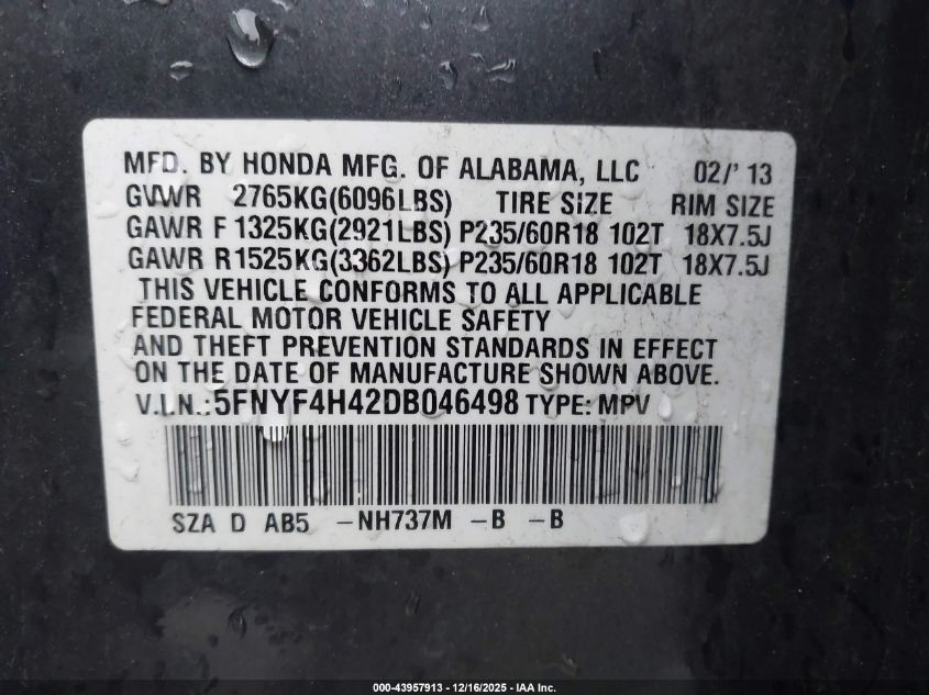 2013 Honda Pilot Ex VIN: 5FNYF4H42DB046498 Lot: 43957913