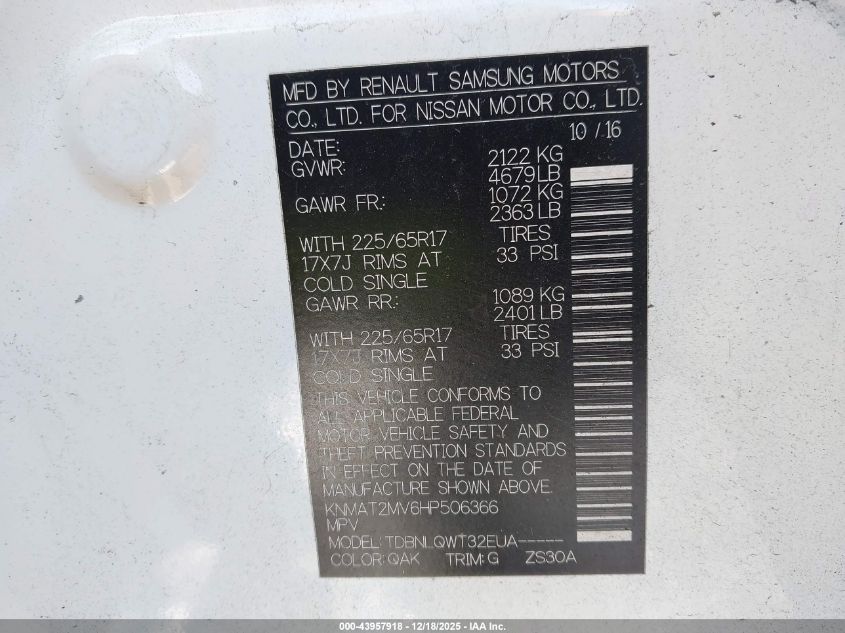 2017 Nissan Rogue Sv VIN: KNMAT2MV6HP506366 Lot: 43957918