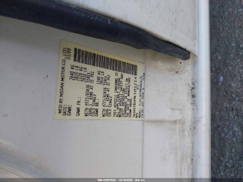 2009 Nissan Quest 3.5 Sl VIN: 5N1BV28U49N105214 Lot: 43957920