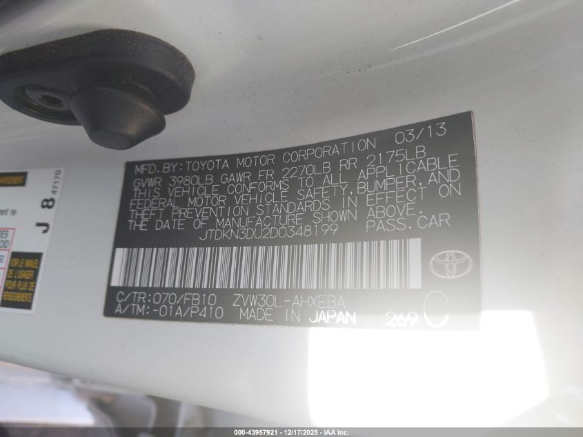 2013 Toyota Prius Two VIN: JTDKN3DU2D0348199 Lot: 43957921