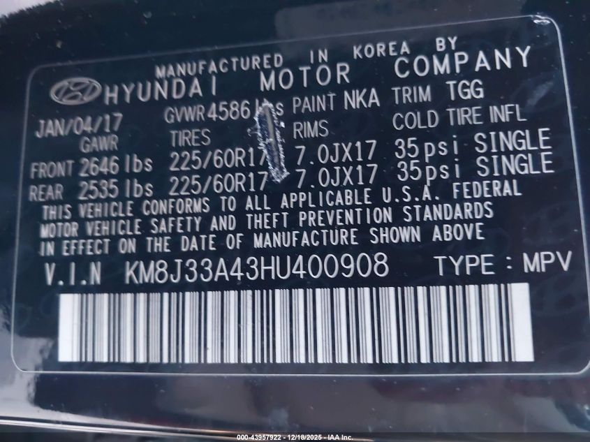 2017 Hyundai Tucson Se VIN: KM8J33A43HU400908 Lot: 43957922
