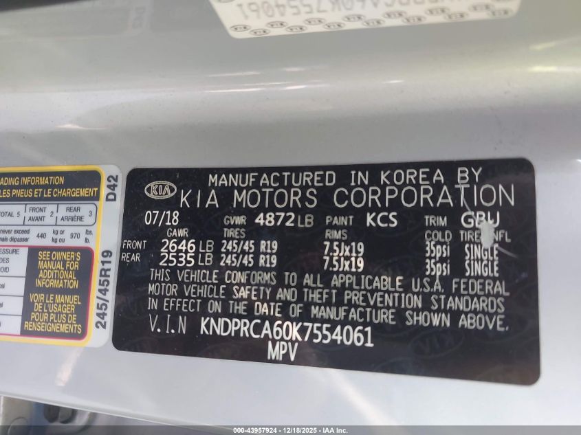 2019 Kia Sportage Sx Turbo VIN: KNDPRCA60K7554061 Lot: 43957924