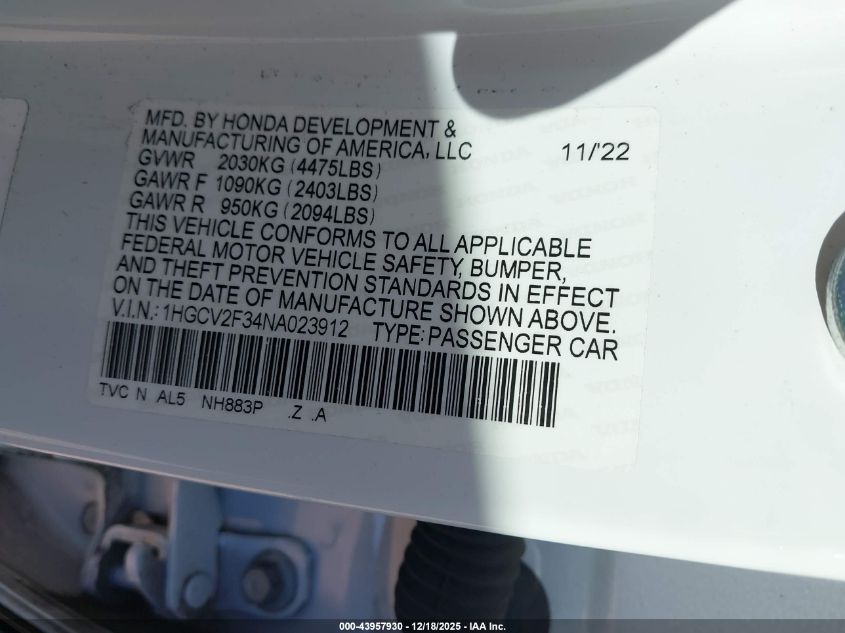 2022 Honda Accord Sport 2.0T VIN: 1HGCV2F34NA023912 Lot: 43957930