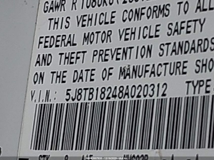 2008 Acura Rdx VIN: 5J8TB18248A020312 Lot: 43957935