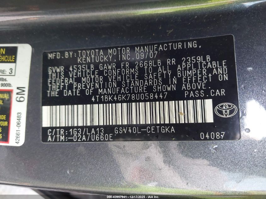 2008 Toyota Camry Xle V6 VIN: 4T1BK46K78U058447 Lot: 43957941