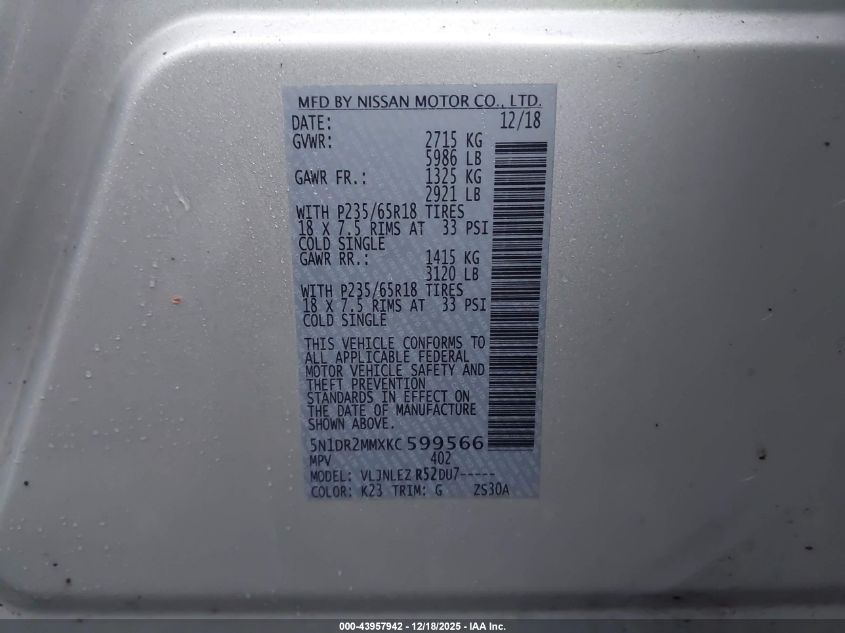 2019 Nissan Pathfinder Sv VIN: 5N1DR2MMXKC599566 Lot: 43957942