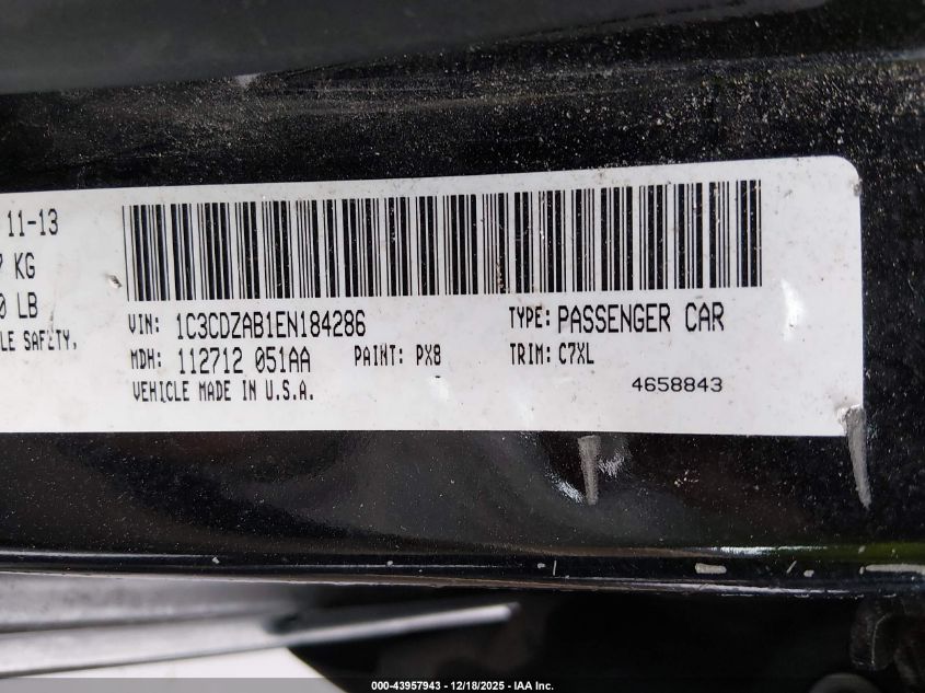 2014 Dodge Avenger Se VIN: 1C3CDZAB1EN184286 Lot: 43957943