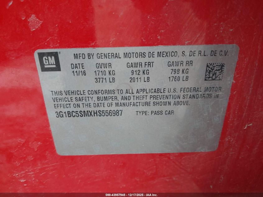 2017 Chevrolet Cruze Ls Auto VIN: 3G1BC5SMXHS556987 Lot: 43957945